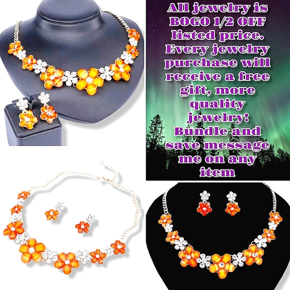 18K gold plated Orange crystal flower necklace earrings set - Picture 2 of 13